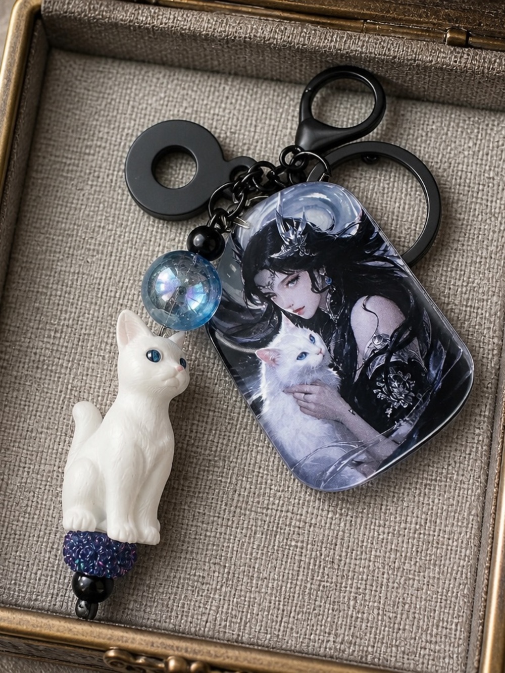 Unbranded White Cat Charm Keychain with Illustrated Pendant